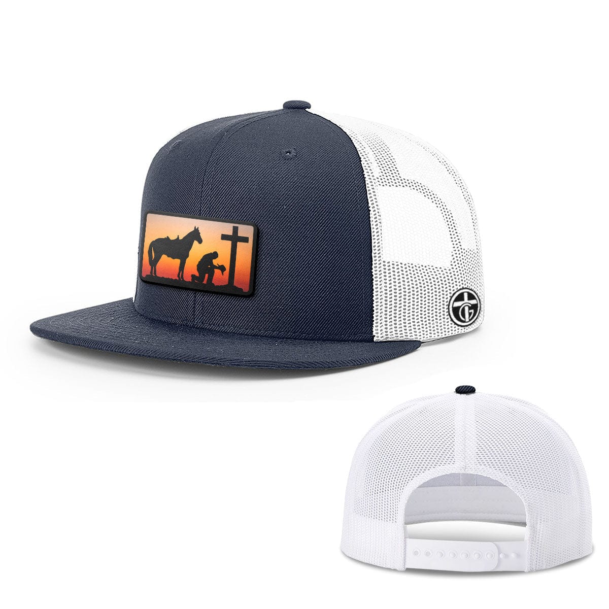 OurTrueGod Customs Hat Snapback Flatbill / Navy and White / One Size Kneeling Cowboy Patch Hats