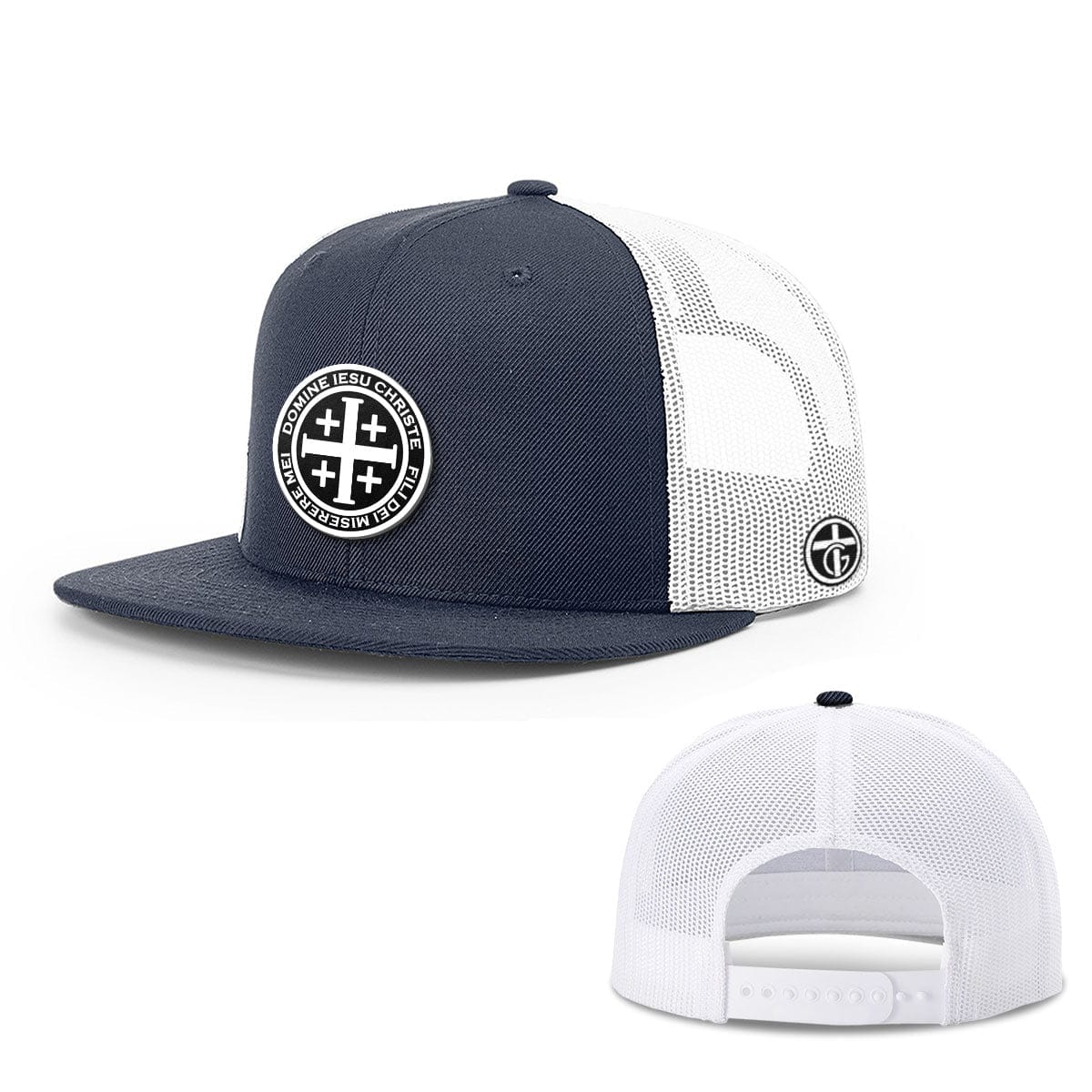 OurTrueGod Customs Hat Snapback Flatbill / Navy and White / One Size Latin Cross Circle Patch Hats