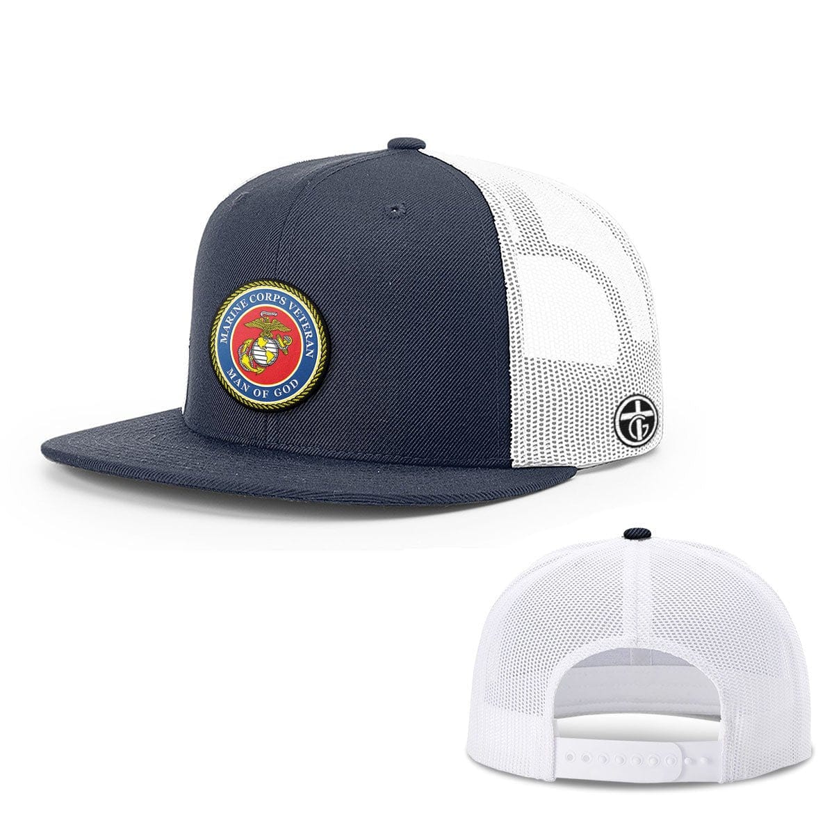 OurTrueGod Customs Hat Snapback Flatbill / Navy and White / One Size Marine Corps Veteran -Man Of God Circle Patch Hats