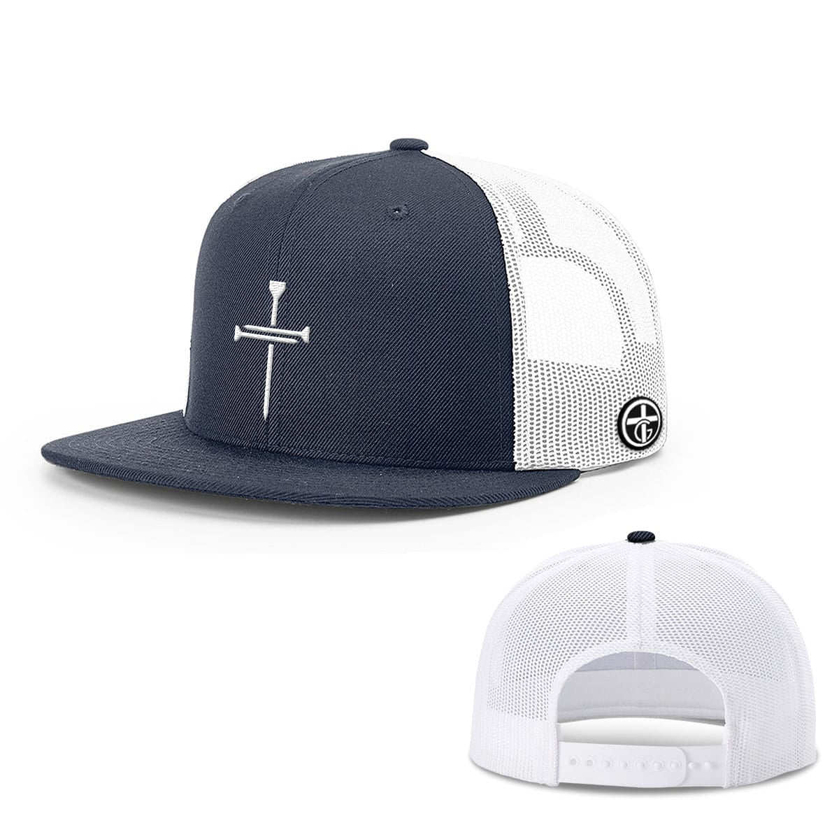 OurTrueGod Customs Hat Snapback Flatbill / Navy and White / One Size Nail Cross Center Hats