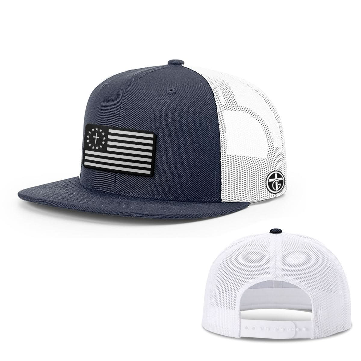 OurTrueGod Customs Hat Snapback Flatbill / Navy and White / One Size One Nation Under God White Leather Patch Hat - Snapback & Flexfit