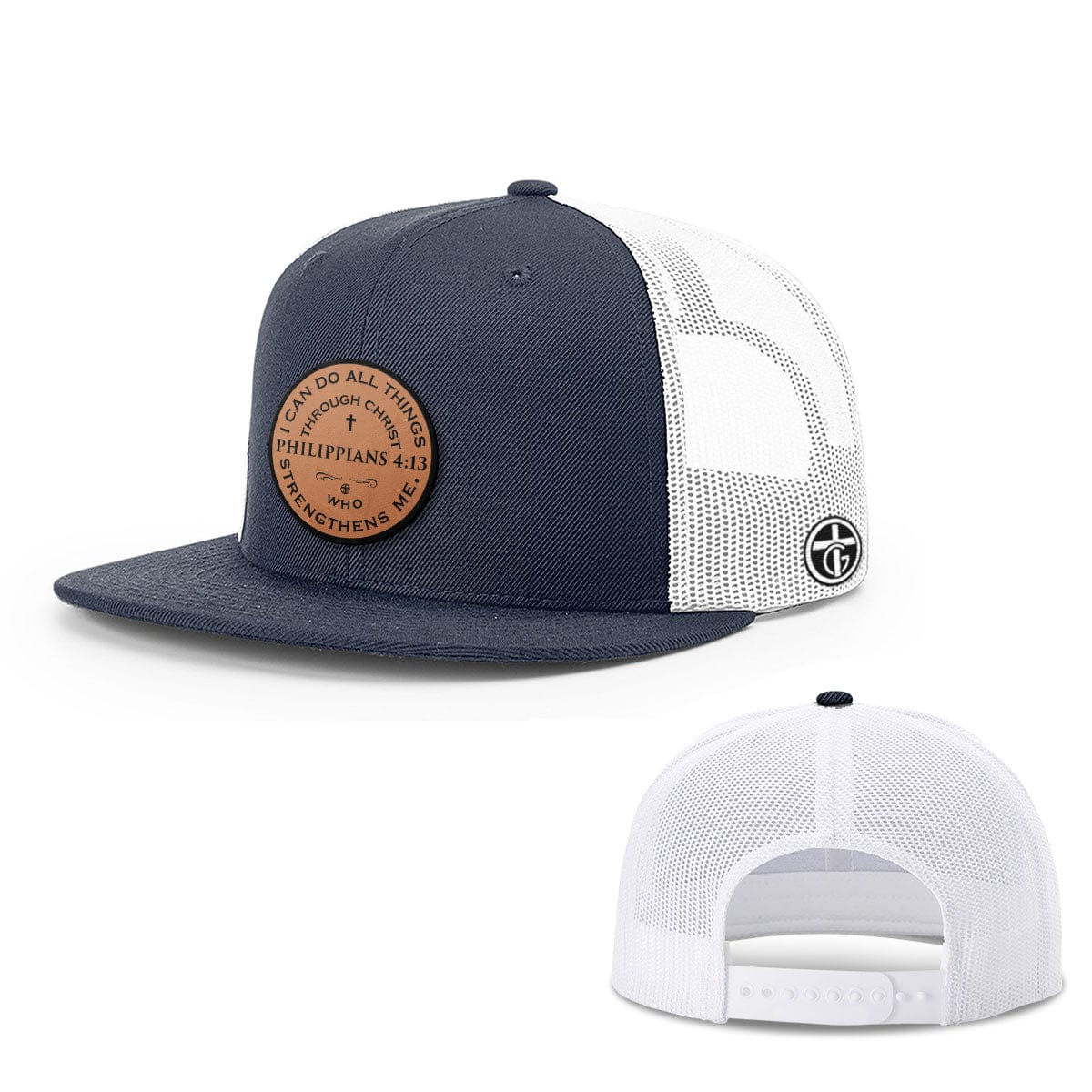 OurTrueGod Customs Hat Snapback Flatbill / Navy and White / One Size Philippians 4:13 Leather Patch Hats