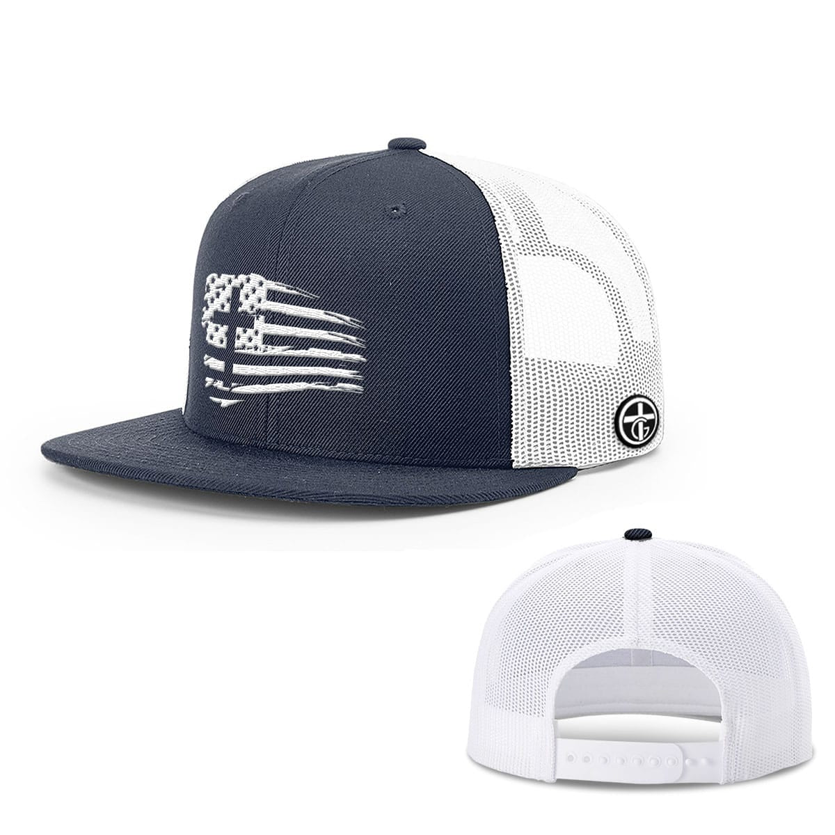 OurTrueGod Customs Hat Snapback Flatbill / Navy and White / One Size Tattered Flag Cross Hats