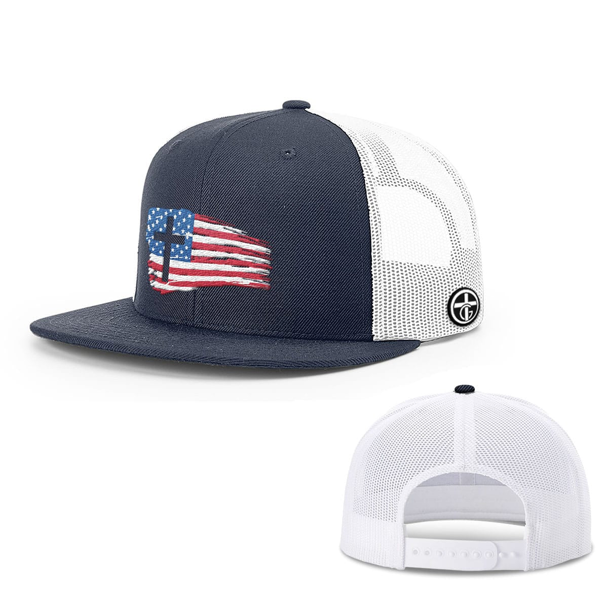 OurTrueGod Customs Hat Snapback Flatbill / Navy and White / One Size Tattered USA Flag Hats