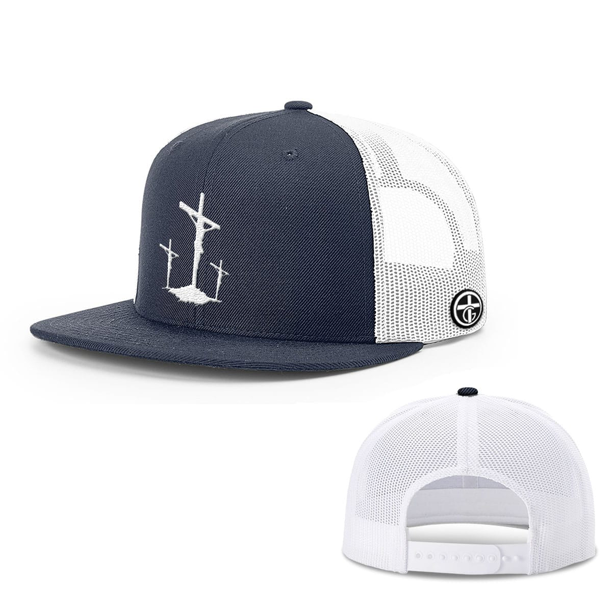 OurTrueGod Customs Hat Snapback Flatbill / Navy and White / One Size Three Crosses Hats