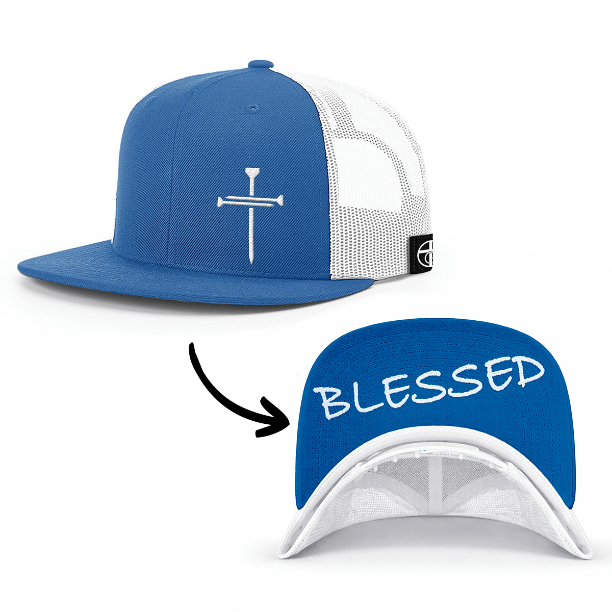 OurTrueGod Customs Hat Snapback Flatbill / Royal Blue and White / One Size 3 Nail Cross - Blessed Prayer Print Hats