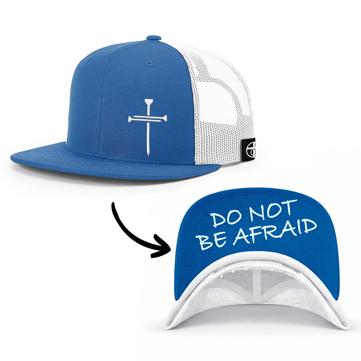 OurTrueGod Customs Hat Snapback Flatbill / Royal Blue and White / One Size 3 Nail Cross - Do Not Be Afraid Prayer Print Hats