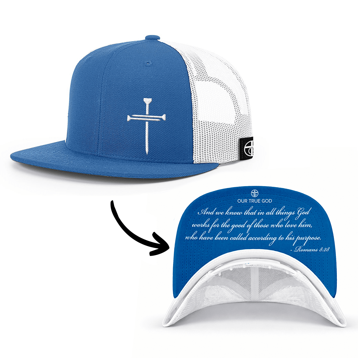 OurTrueGod Customs Hat Snapback Flatbill / Royal Blue and White / One Size 3 Nail Cross - Romans 8:28 Prayer Print Hats