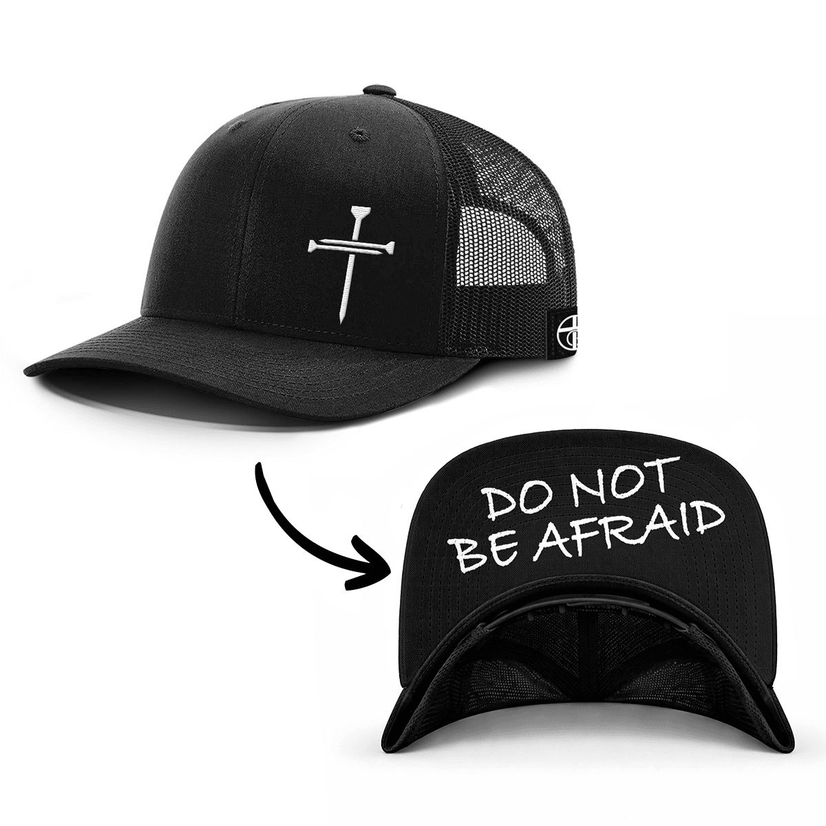 OurTrueGod Customs Hat Snapback / Full Black / One Size 3 Nail Cross - Do Not Be Afraid Prayer Print Hats