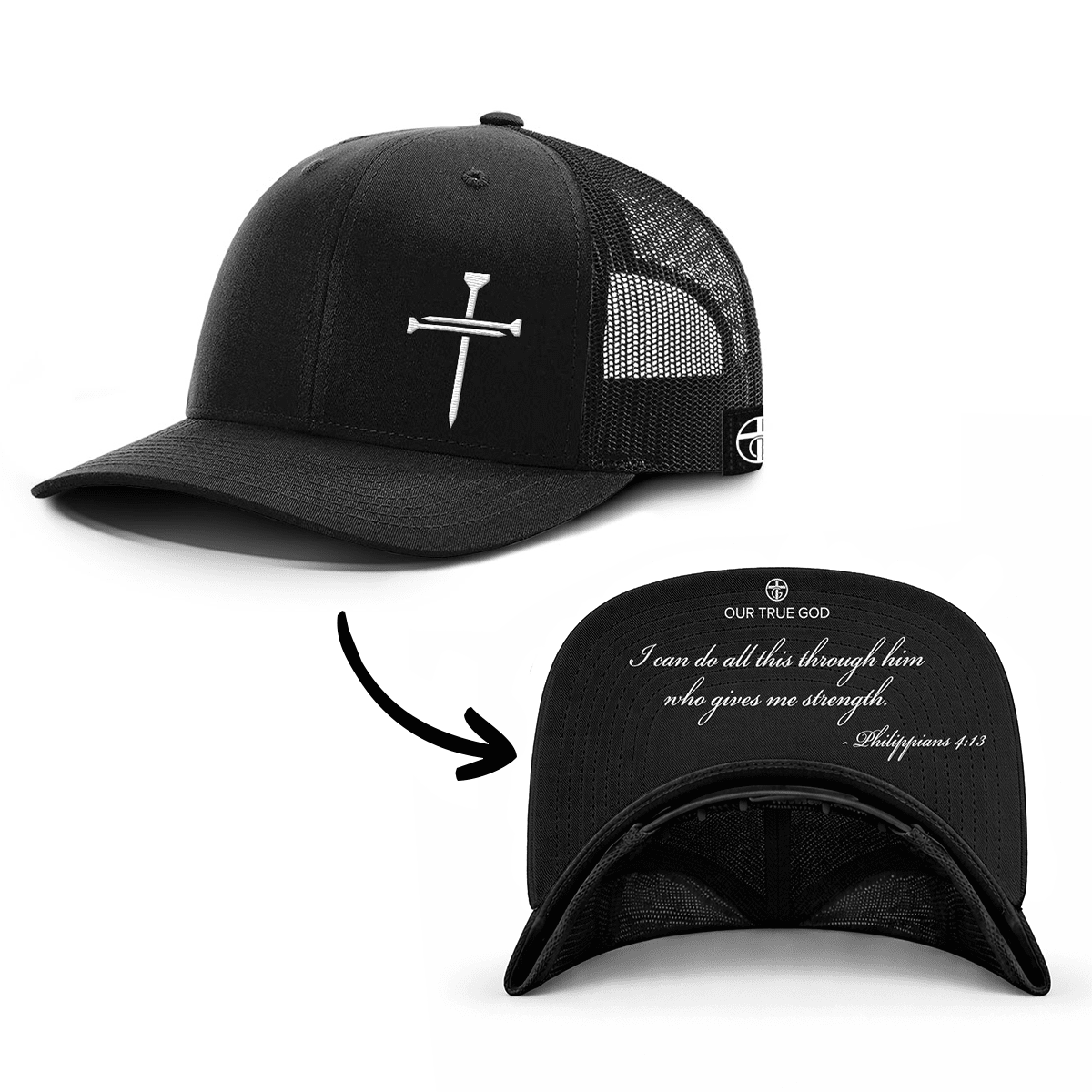 OurTrueGod Customs Hat Snapback / Full Black / One Size 3 Nail Cross - Philippians 4:13 Prayer Print Hats