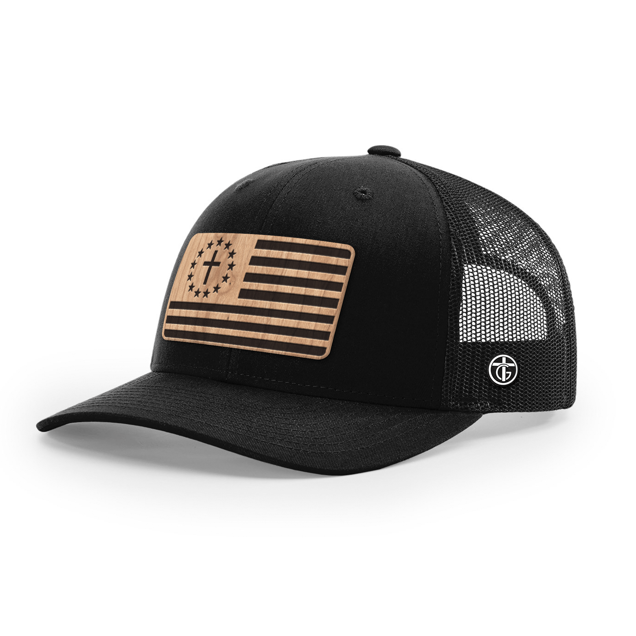 OurTrueGod Customs Hat Snapback / Full Black / One Size Betsy Ross Flag Wood Patch Hats