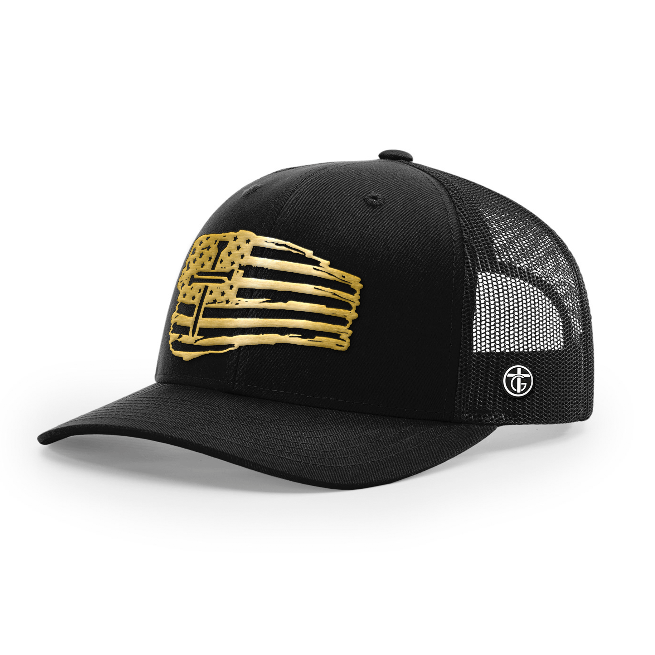 OurTrueGod Customs Hat Snapback / Full Black / One Size Tattered Flag Cross Gold Metal Patch Hats