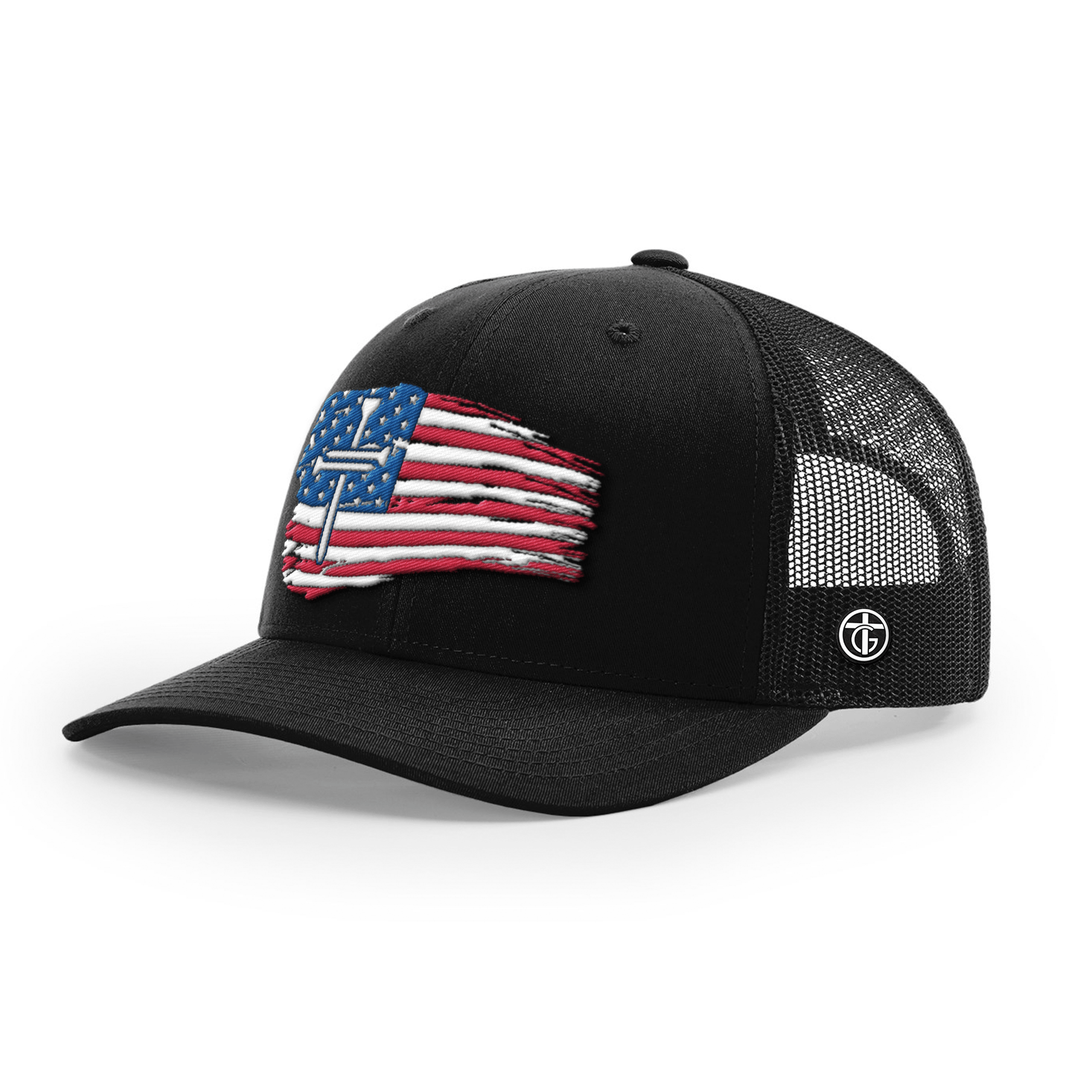 OurTrueGod Customs Hat Snapback / Full Black / One Size Tattered Flag Cross Richardson Hats