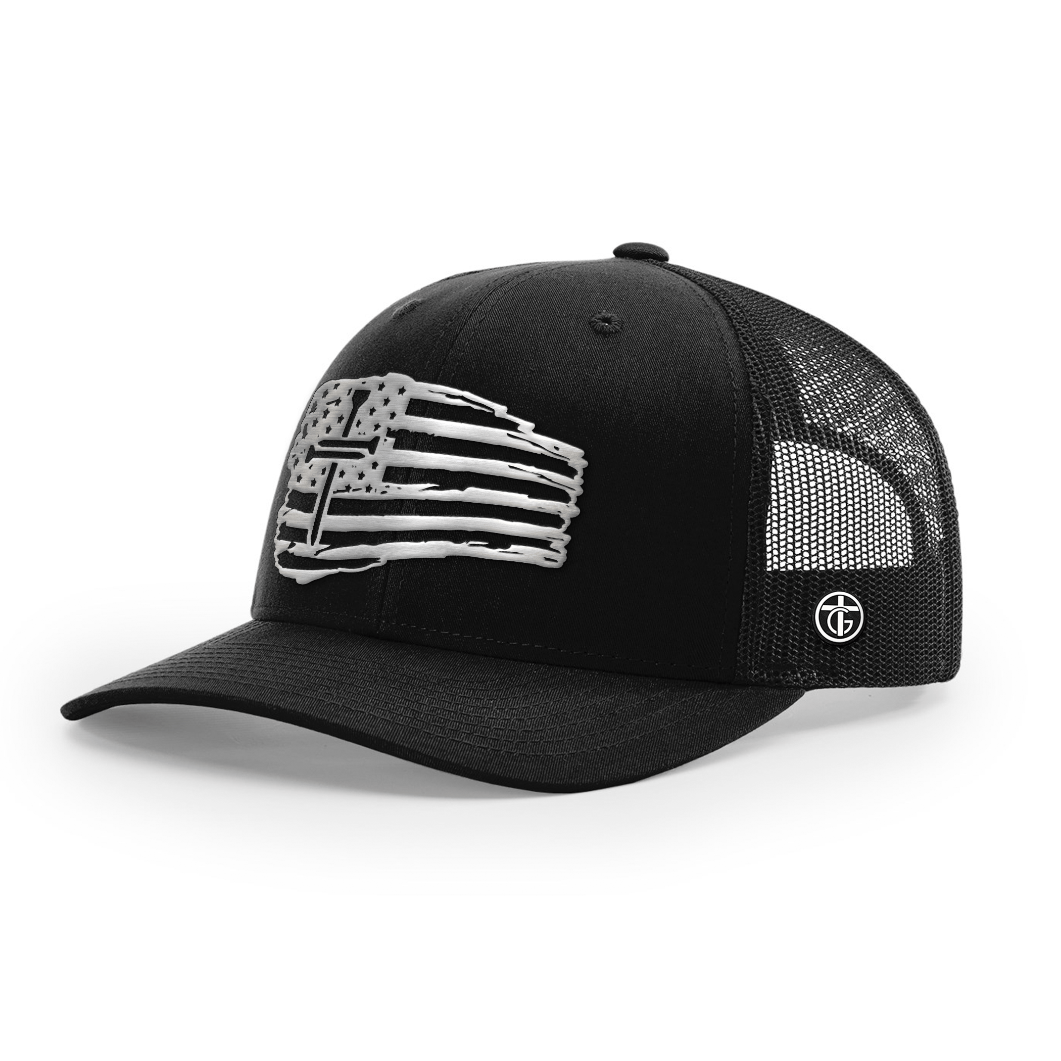 OurTrueGod Customs Hat Snapback / Full Black / One Size Tattered Flag Cross Silver Metal Patch Hats