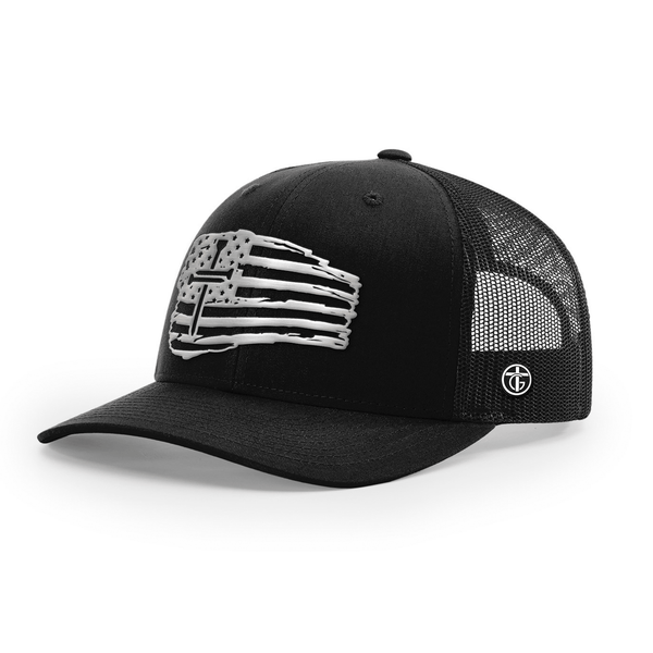 Tattered Flag Cross Silver Metal Patch Hat, Snapback in Full Black