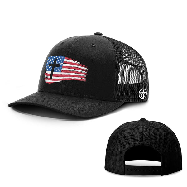 Tattered USA Flag Hat, Snapback in Full Black