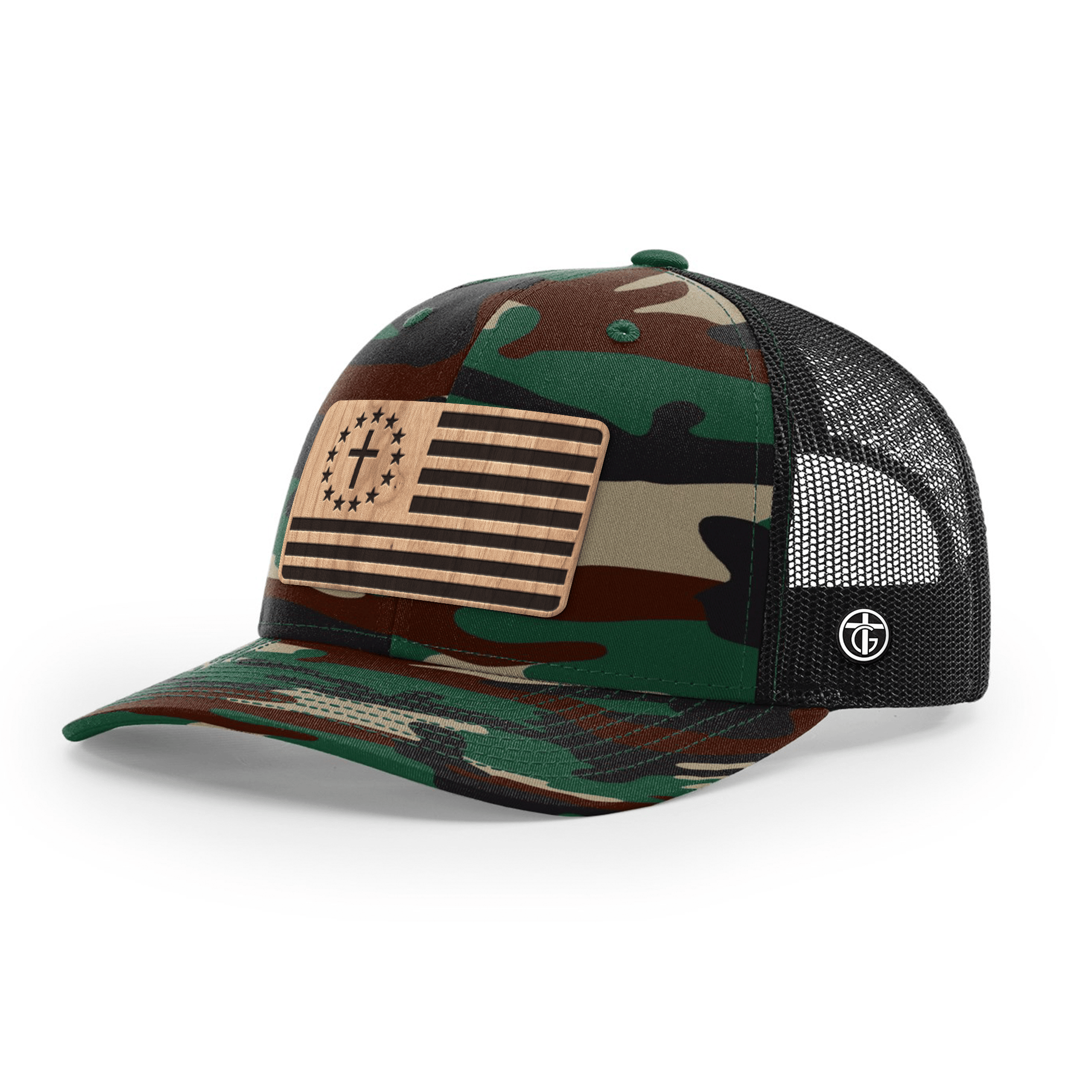 OurTrueGod Customs Hat Snapback / Green Camo and Black / One Size Betsy Ross Flag Wood Patch Camo Hats