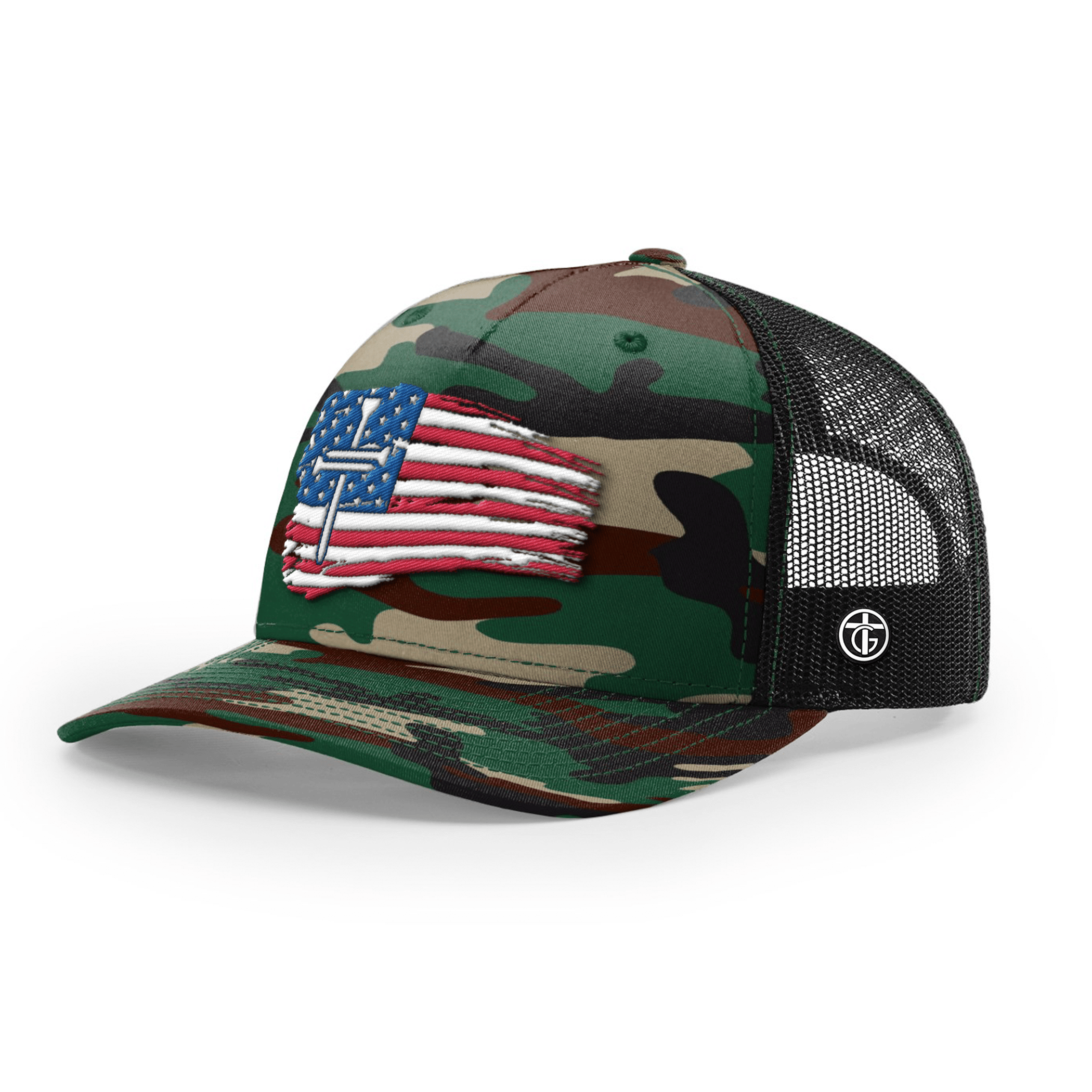 OurTrueGod Customs Hat Snapback / Green Camo and Black / One Size Tattered Flag Cross Camo Hats