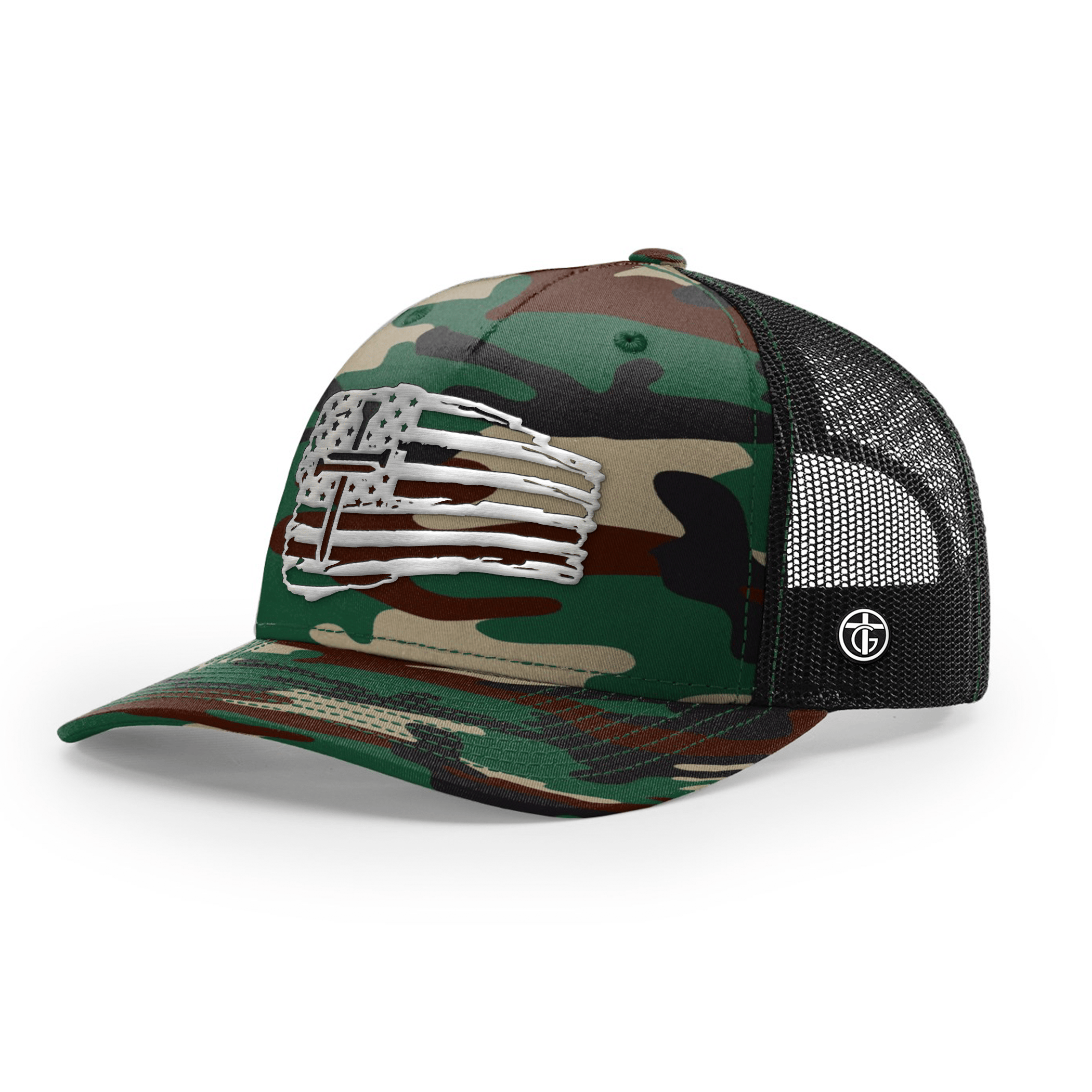 OurTrueGod Customs Hat Snapback / Green Camo and Black / One Size Tattered Flag Cross Silver Metal Patch Camo Hats