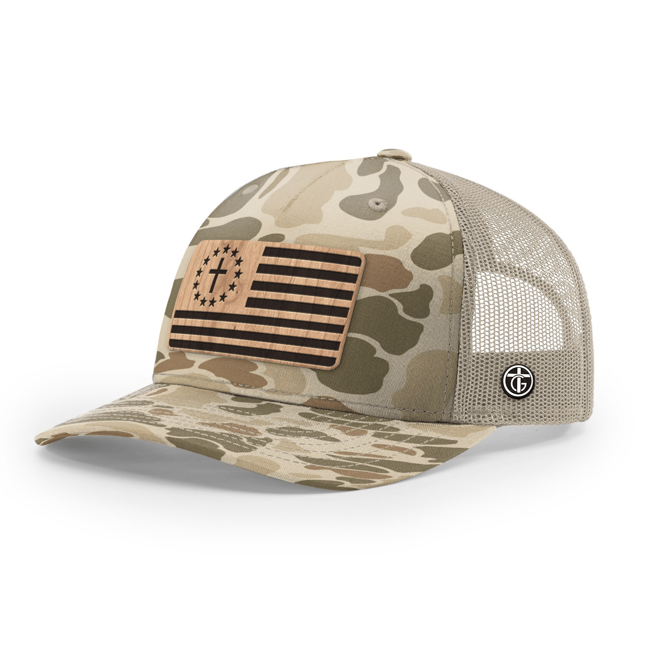 OurTrueGod Customs Hat Snapback / Harvest Duck Camo and Light Tan / One Size Betsy Ross Flag Wood Patch Camo Hats