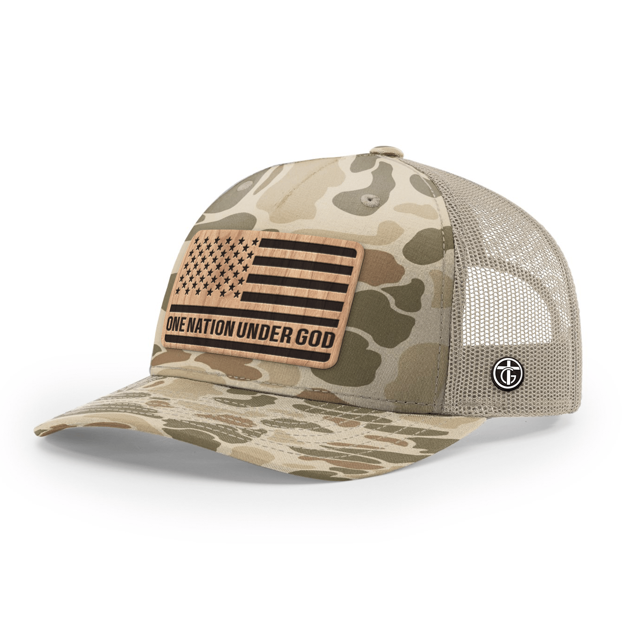 OurTrueGod Customs Hat Snapback / Harvest Duck Camo and Light Tan / One Size One Nation Under God Wood Patch Camo Hats
