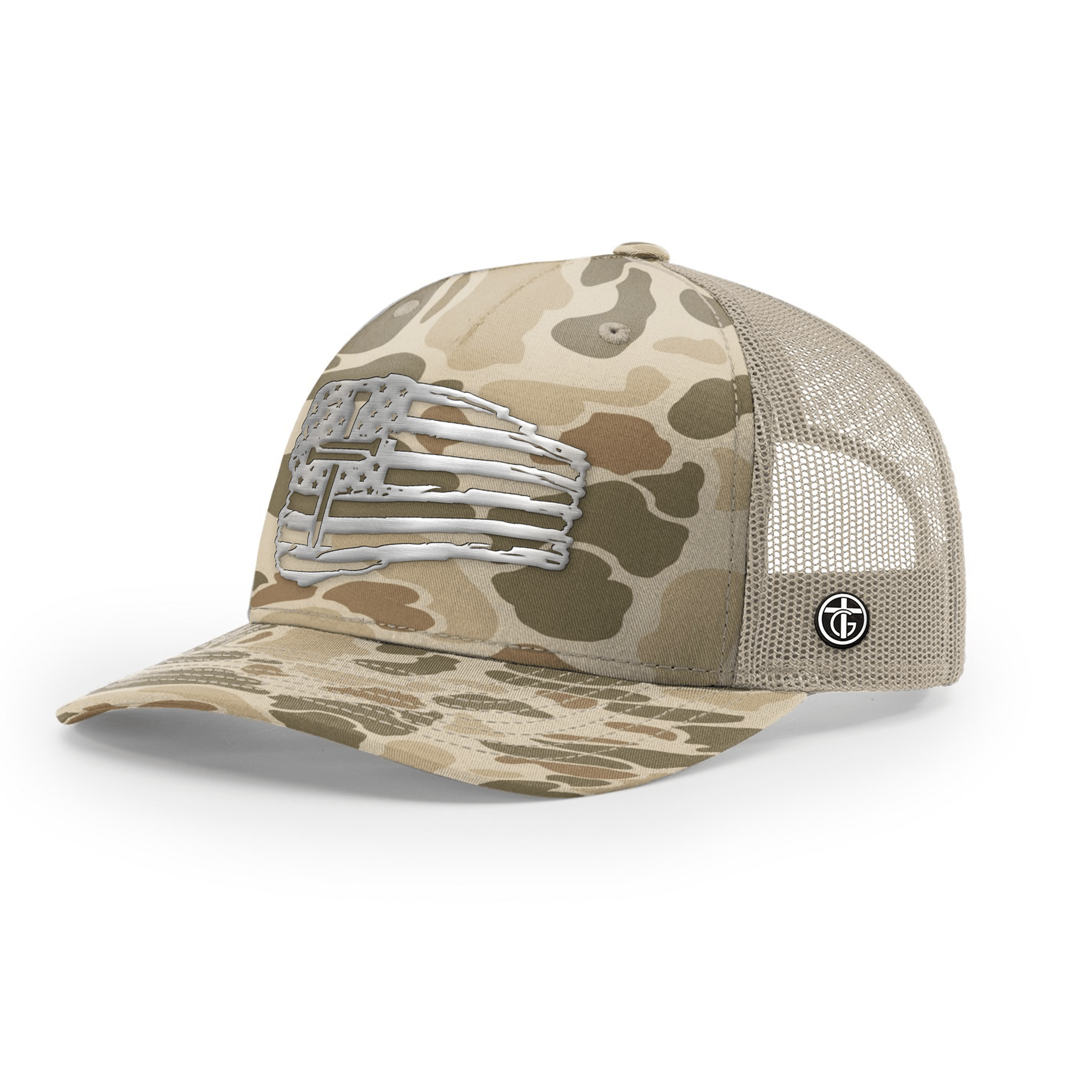 OurTrueGod Customs Hat Snapback / Harvest Duck Camo and Light Tan / One Size Tattered Flag Cross Silver Metal Patch Camo Hats