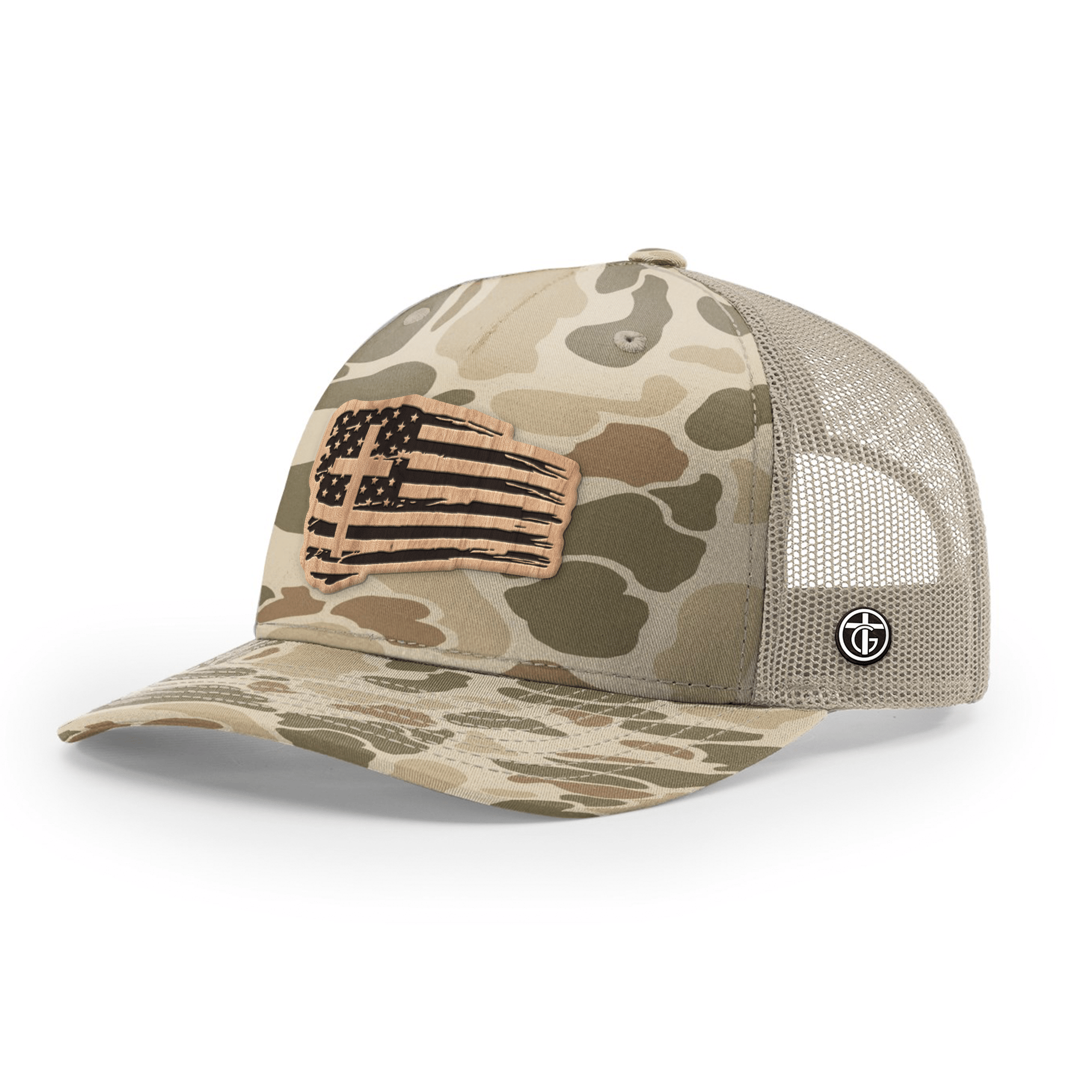 OurTrueGod Customs Hat Snapback / Harvest Duck Camo and Light Tan / One Size Tattered Flag Wood Patch Camo Hats