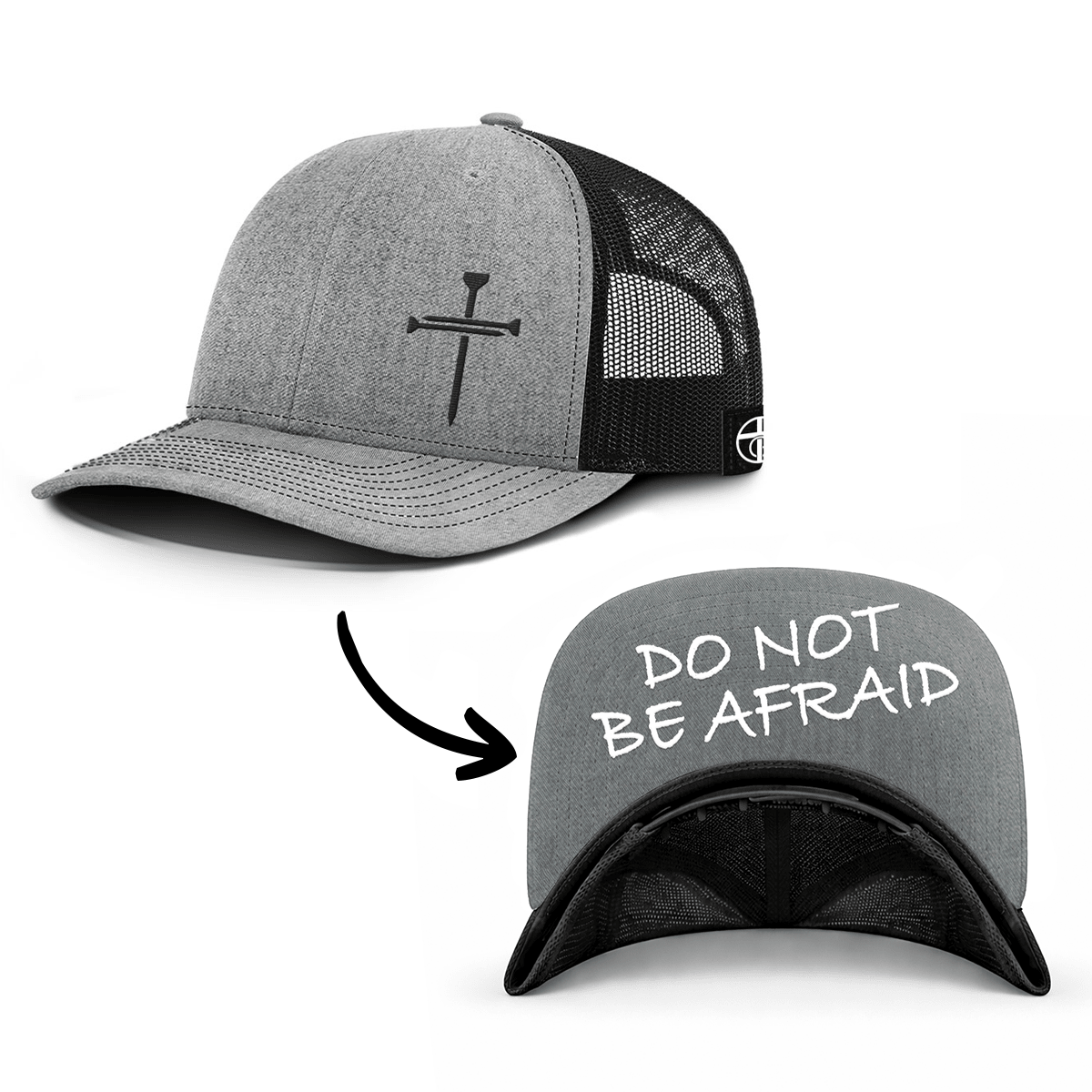 OurTrueGod Customs Hat Snapback / Heather and Black / One Size 3 Nail Cross - Do Not Be Afraid Prayer Print Hats