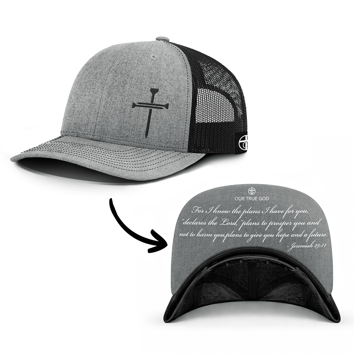 OurTrueGod Customs Hat Snapback / Heather and Black / One Size 3 Nail Cross - Jeremiah 29:11 Prayer Print Hats