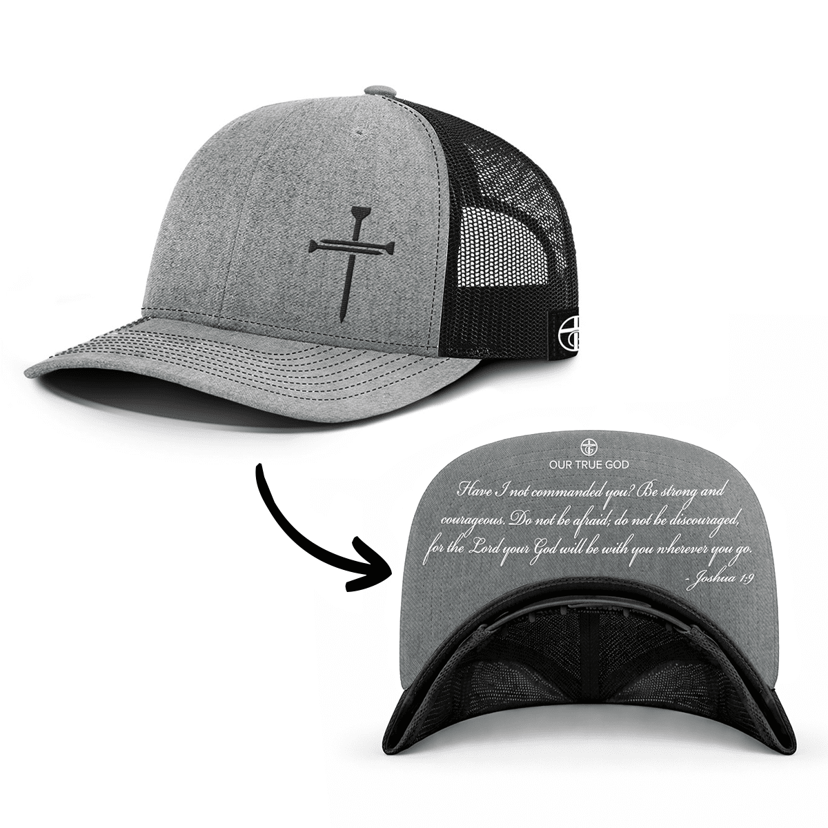 OurTrueGod Customs Hat Snapback / Heather and Black / One Size 3 Nail Cross - Joshua 1:9 Prayer Print Hats