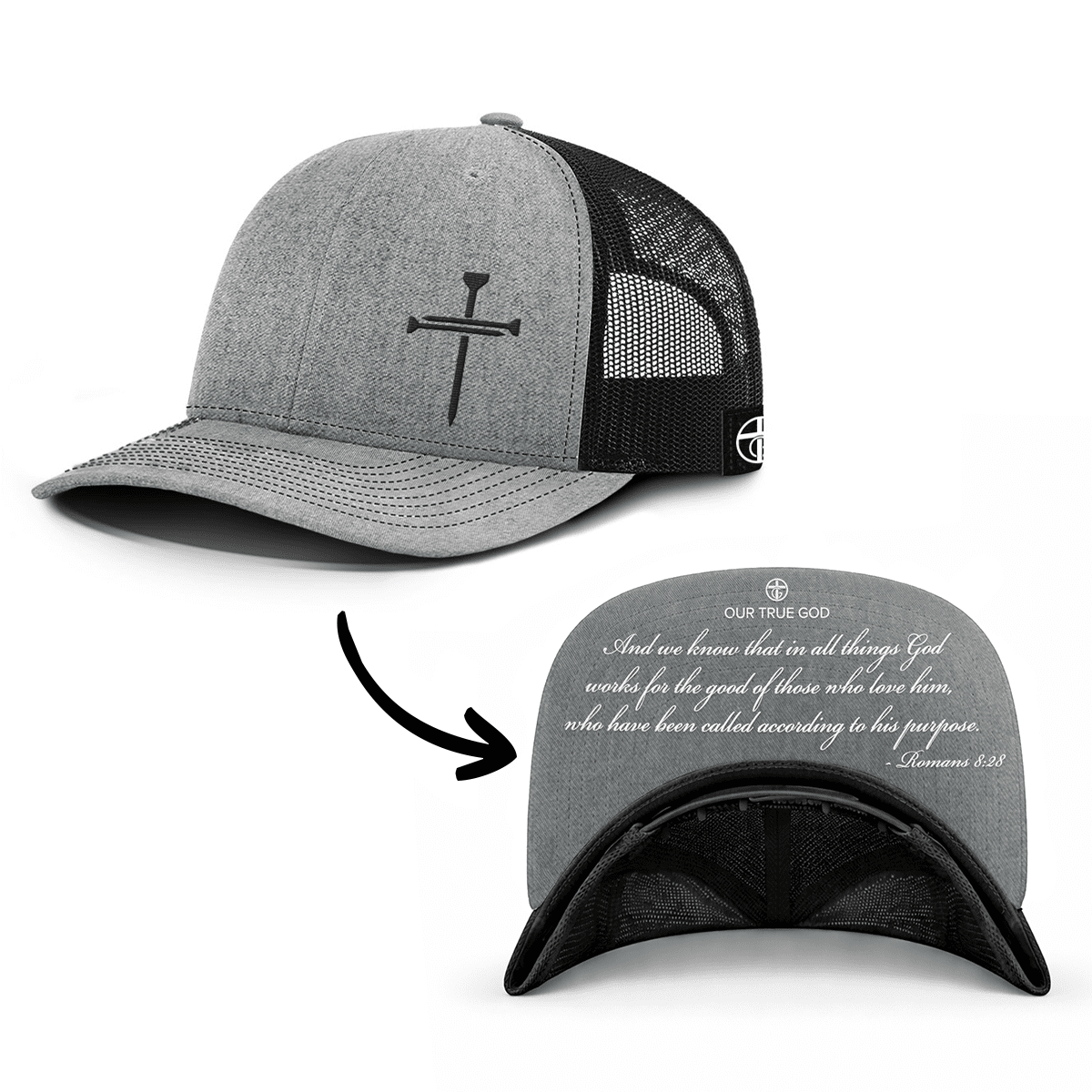 OurTrueGod Customs Hat Snapback / Heather and Black / One Size 3 Nail Cross - Romans 8:28 Prayer Print Hats
