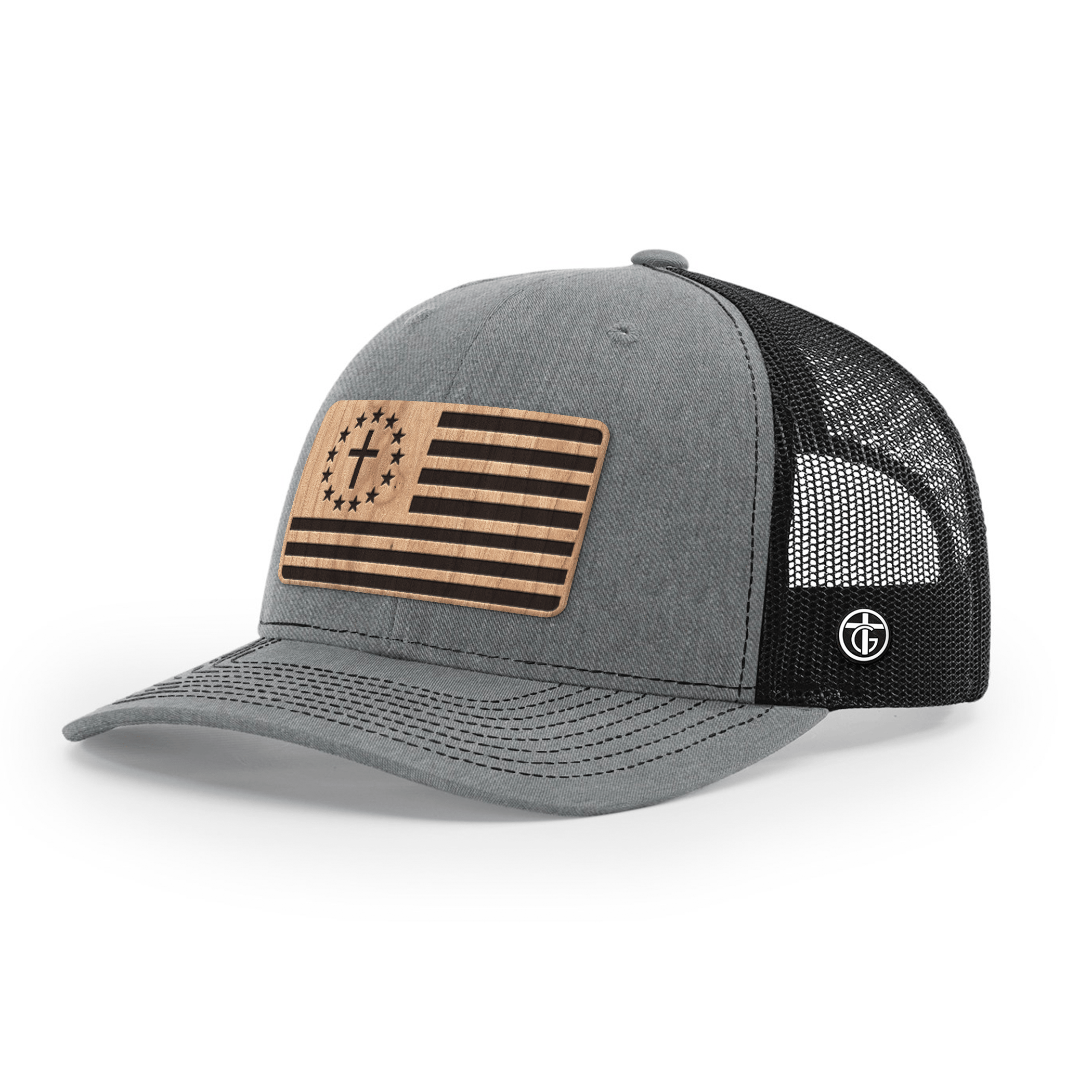 OurTrueGod Customs Hat Snapback / Heather and Black / One Size Betsy Ross Flag Wood Patch Hats