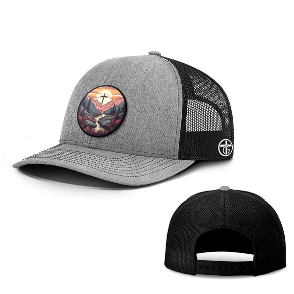 Faith Can Move Mountains Sunset Circle Patch Hat, Snapback in Heather and Black