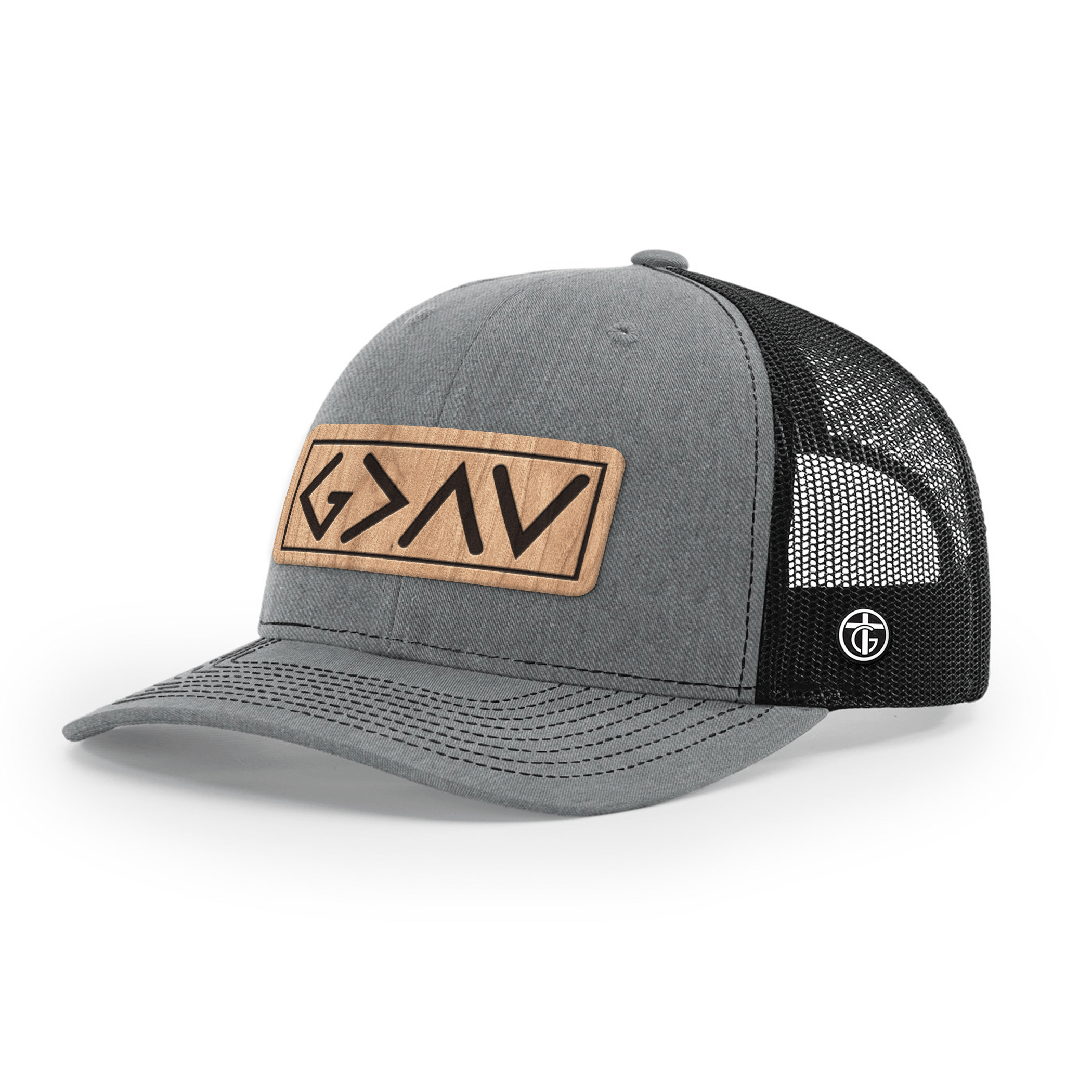 OurTrueGod Customs Hat Snapback / Heather and Black / One Size God Is Greater Than The Highs And Lows Wood Patch Hats