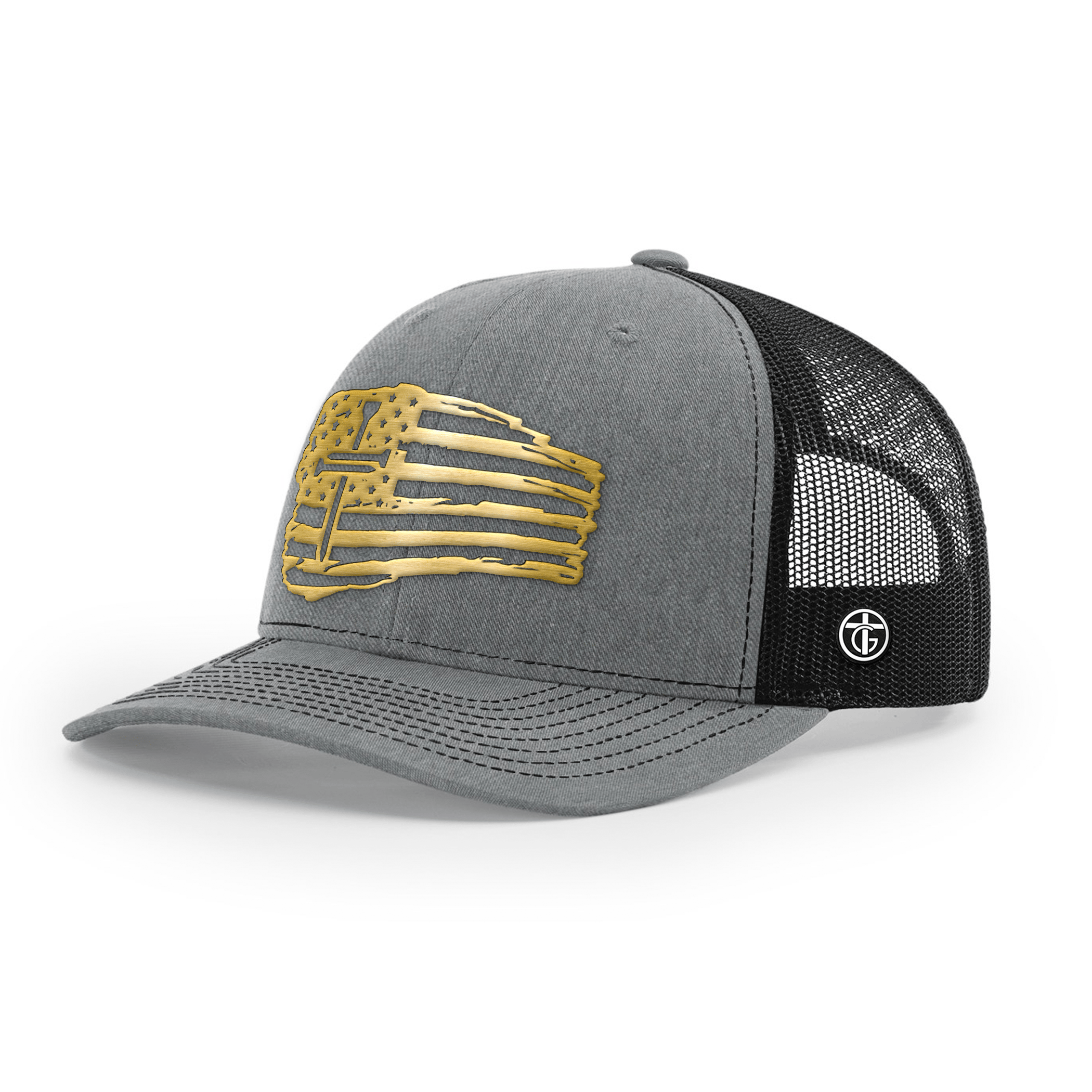 OurTrueGod Customs Hat Snapback / Heather and Black / One Size Tattered Flag Cross Gold Metal Patch Hats