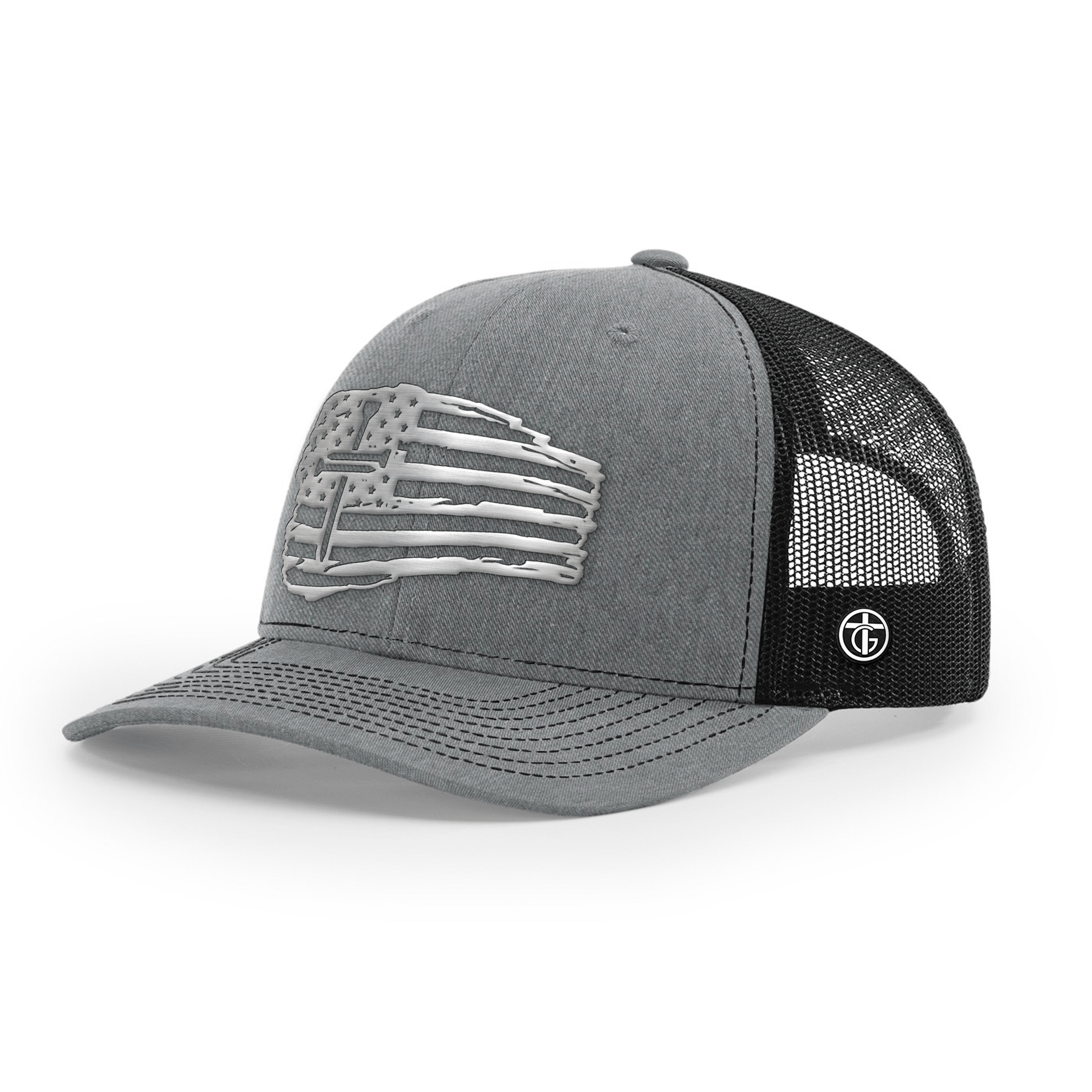 OurTrueGod Customs Hat Snapback / Heather and Black / One Size Tattered Flag Cross Silver Metal Patch Hats