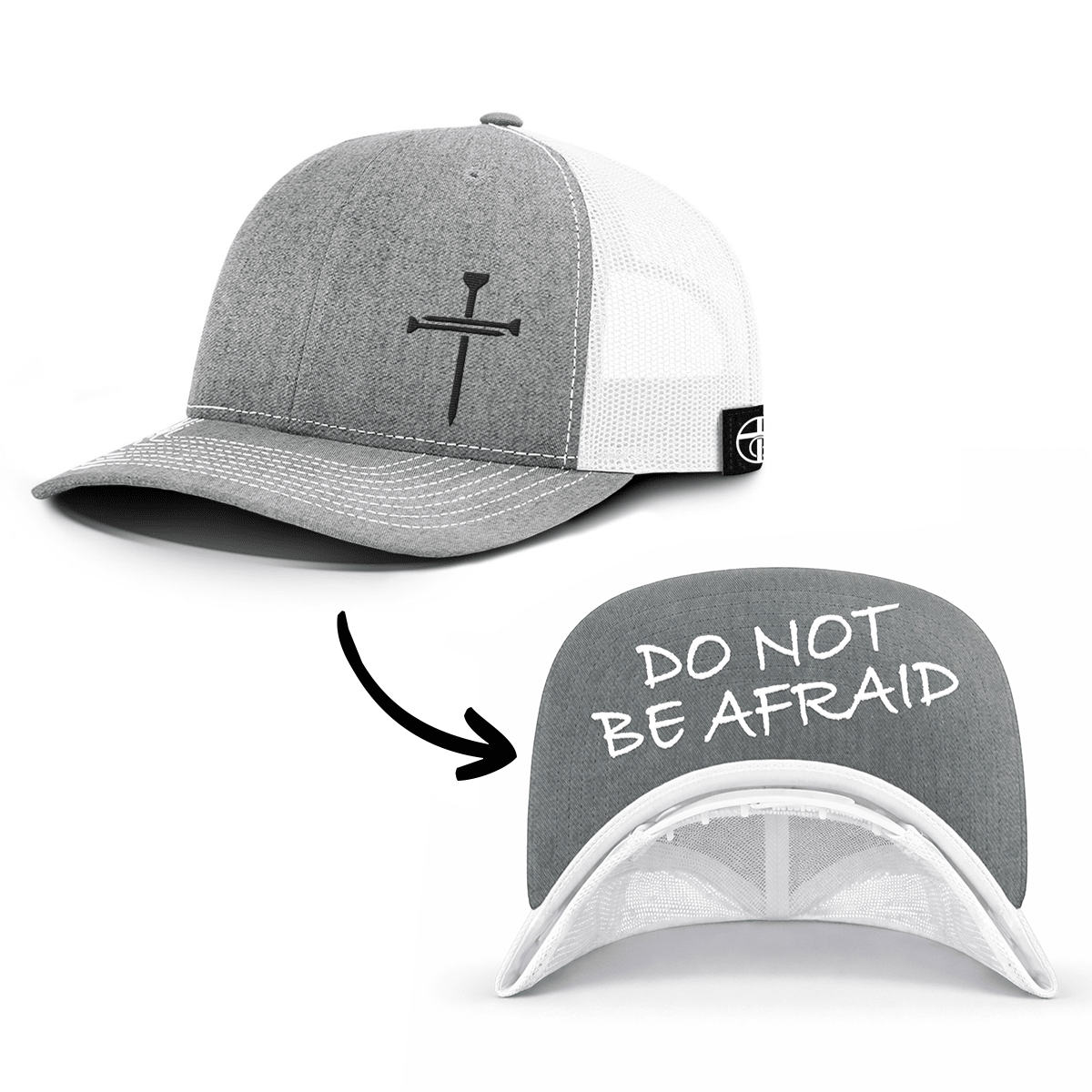 OurTrueGod Customs Hat Snapback / Heather and White / One Size 3 Nail Cross - Do Not Be Afraid Prayer Print Hats