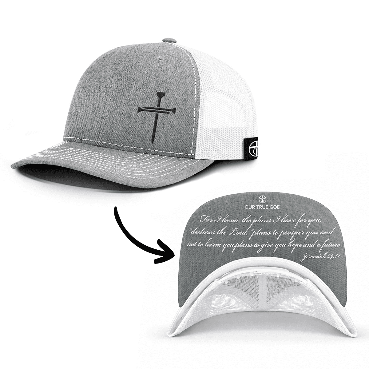 OurTrueGod Customs Hat Snapback / Heather and White / One Size 3 Nail Cross - Jeremiah 29:11 Prayer Print Hats