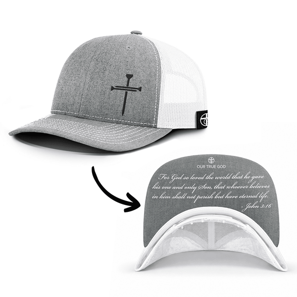 3 Nail Cross - John 3:16 Prayer Print Hat, Snapback in Heather and White