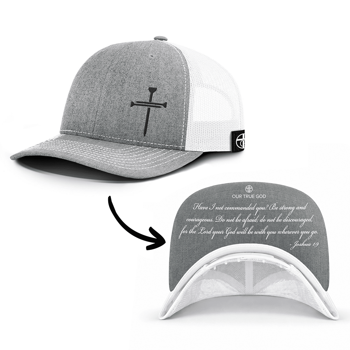 OurTrueGod Customs Hat Snapback / Heather and White / One Size 3 Nail Cross - Joshua 1:9 Prayer Print Hats