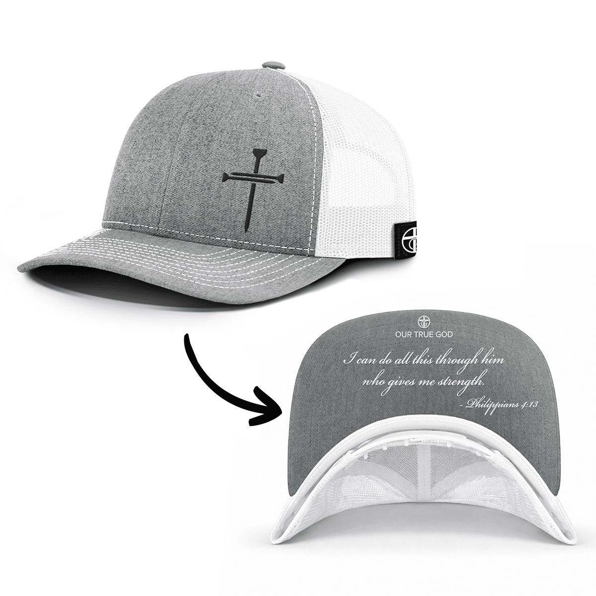 OurTrueGod Customs Hat Snapback / Heather and White / One Size 3 Nail Cross - Philippians 4:13 Prayer Print Hats