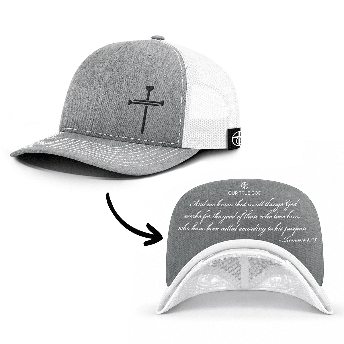OurTrueGod Customs Hat Snapback / Heather and White / One Size 3 Nail Cross - Romans 8:28 Prayer Print Hats