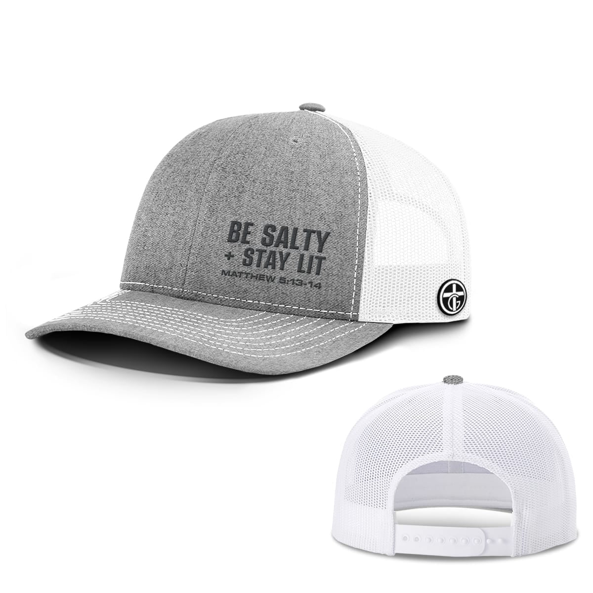 Be Salty + Stay Lit Lower Left Hat, Snapback in Heather and White