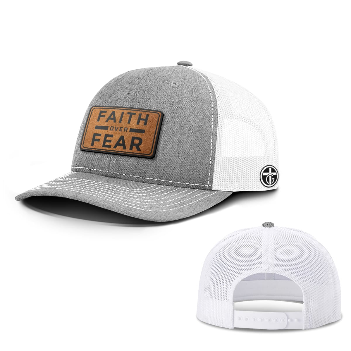 OurTrueGod Customs Hat Snapback / Heather and White / One Size Faith Over Fear Leather Patch Hats