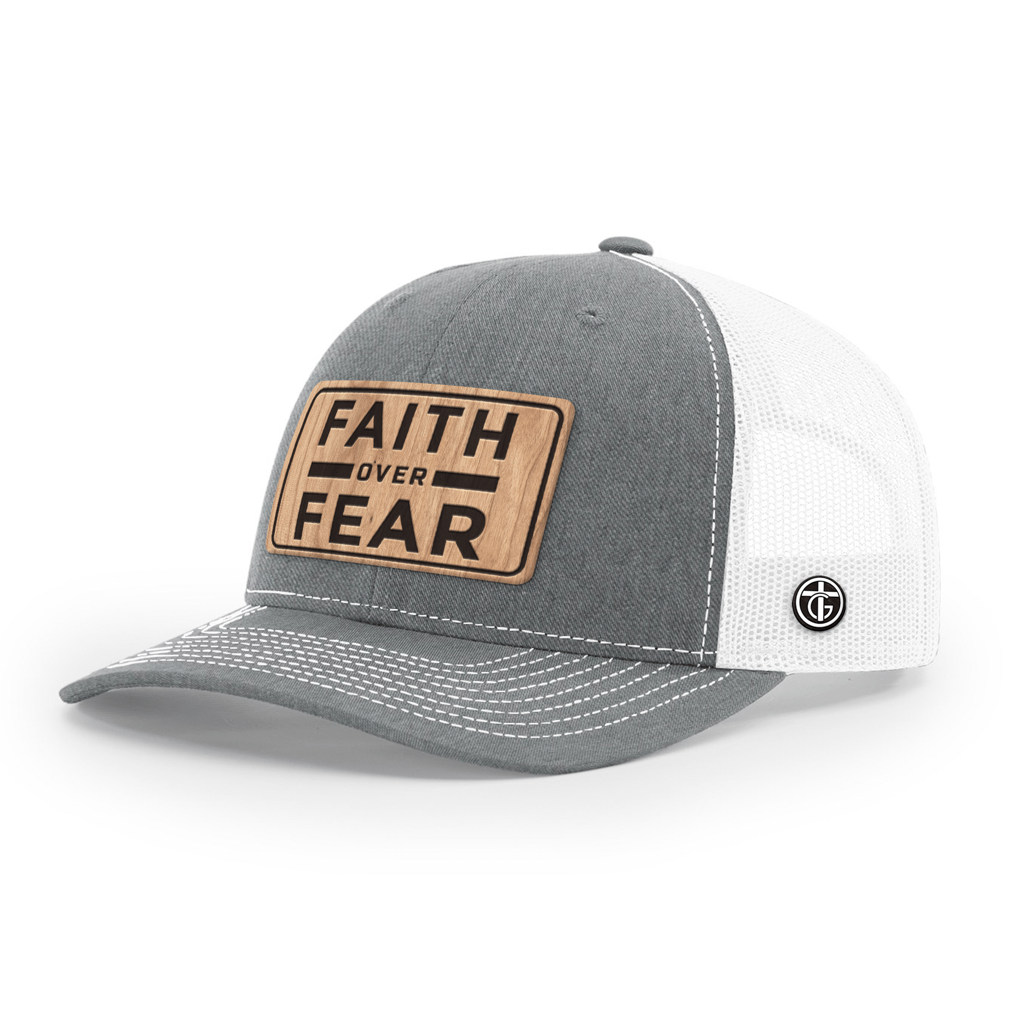 OurTrueGod Customs Hat Snapback / Heather and White / One Size Faith Over Fear Wood Patch Hats