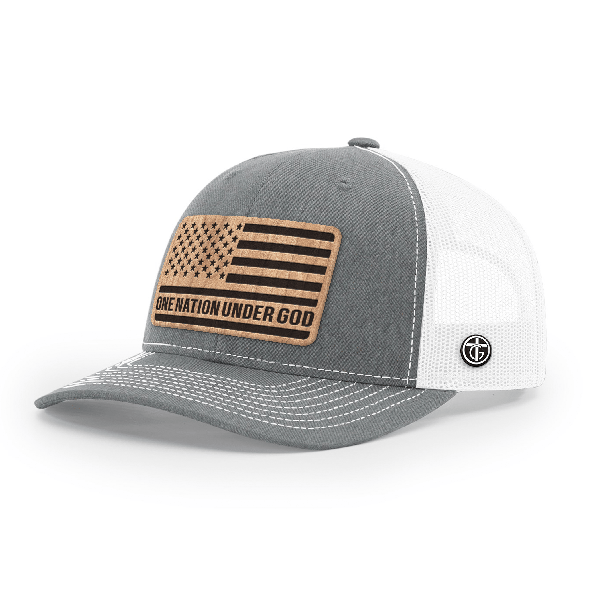 OurTrueGod Customs Hat Snapback / Heather and White / One Size One Nation Under God Wood Patch Hats