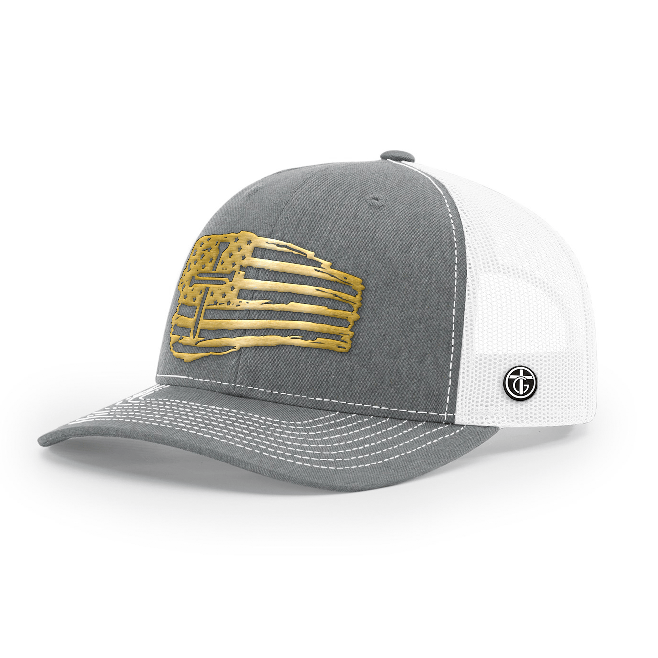 OurTrueGod Customs Hat Snapback / Heather and White / One Size Tattered Flag Cross Gold Metal Patch Hats