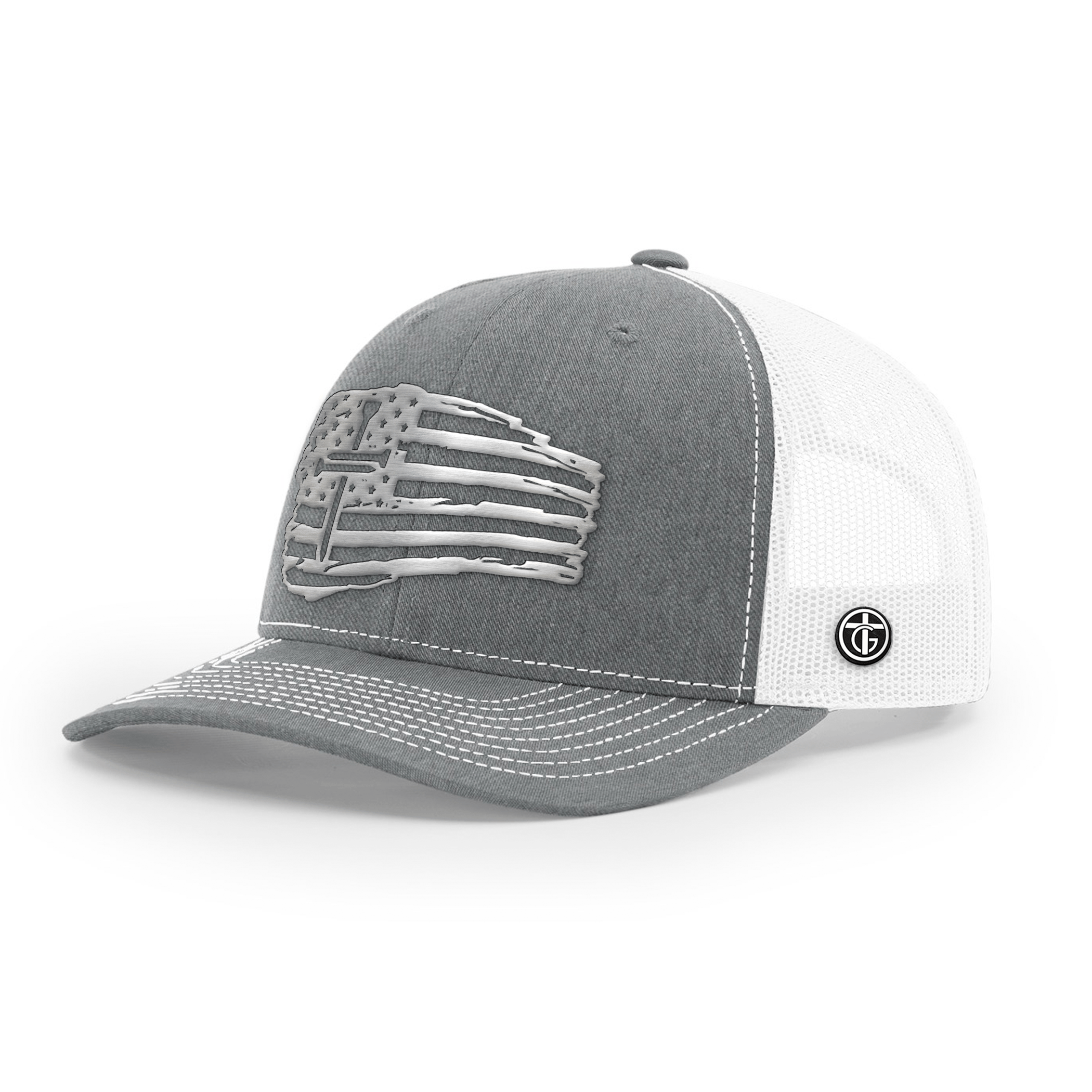 OurTrueGod Customs Hat Snapback / Heather and White / One Size Tattered Flag Cross Silver Metal Patch Hats