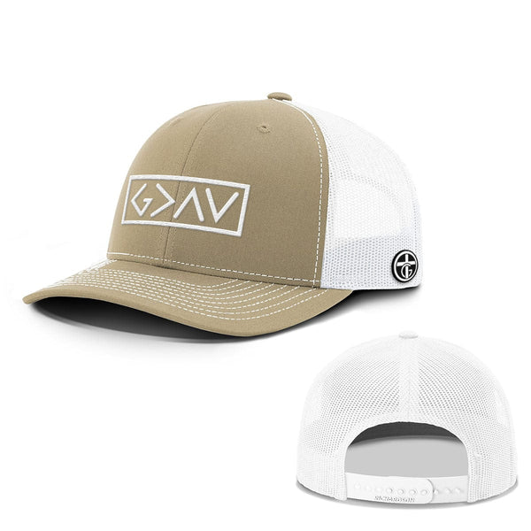 God is Greater Than the Highs and Lows Everyday Faith Hat, Snapback in Khaki and White