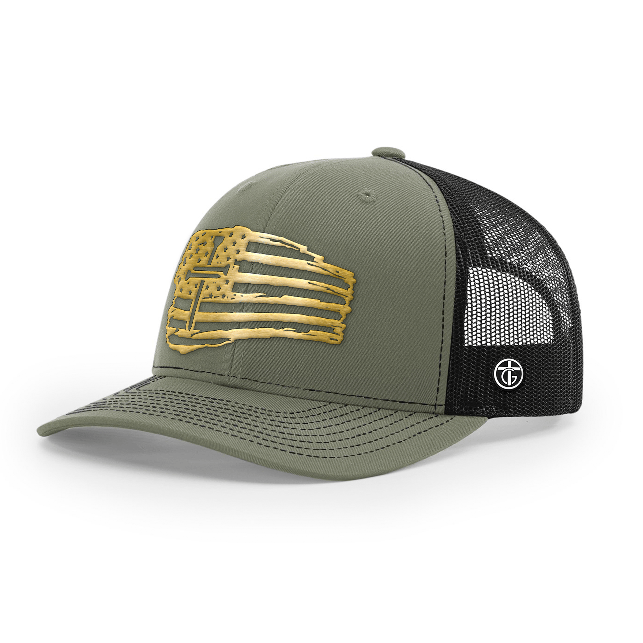 OurTrueGod Customs Hat Snapback / Loden and Black / One Size Tattered Flag Cross Gold Metal Patch Hats